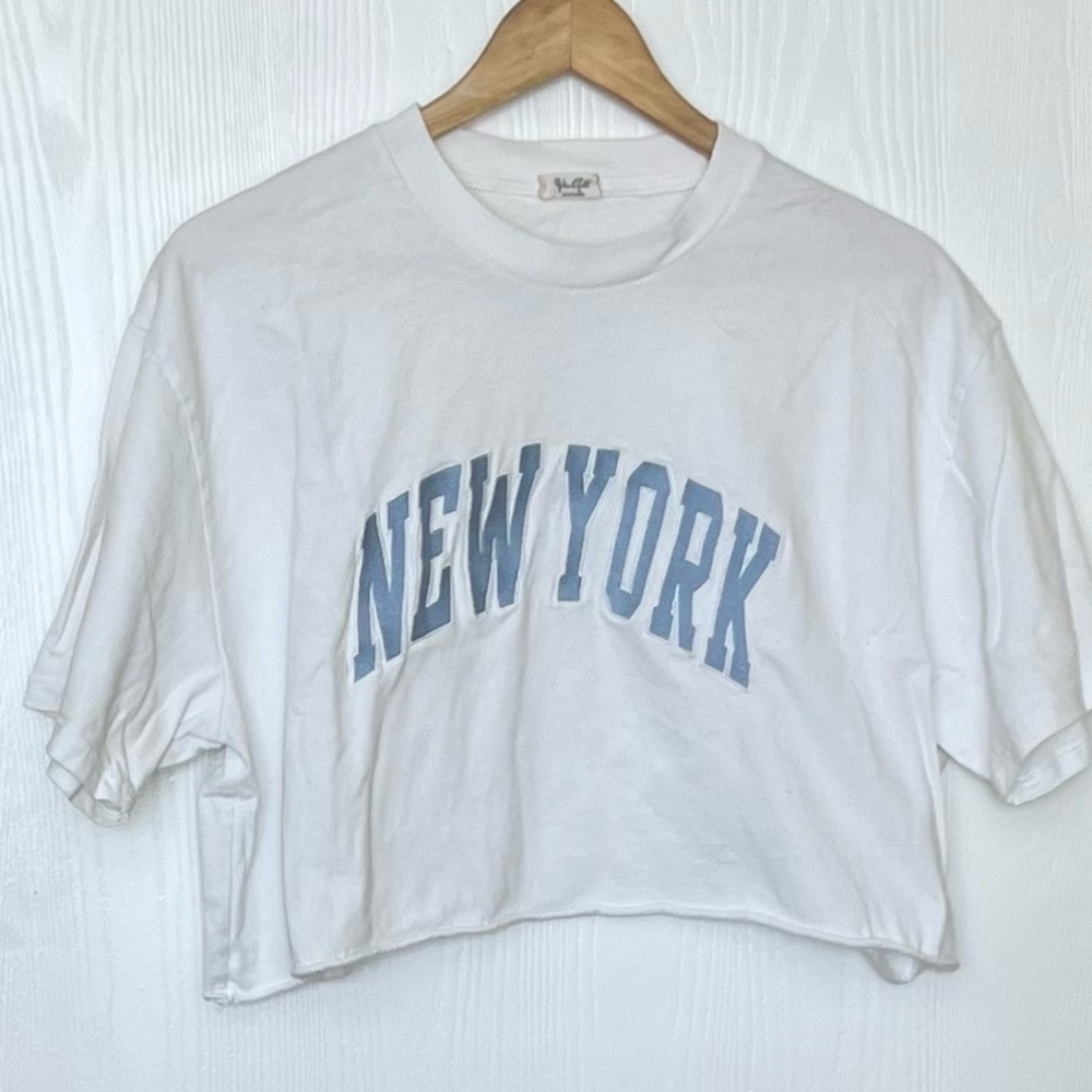 Brandy Melville White Crop Top with Blue 'New York' Print